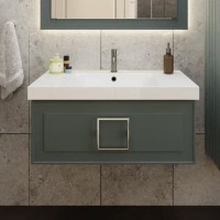 Мебель для ванной комнаты La Fenice Cubo 80 подвесная, серая, ручка хром, столешница белый мрамор, раковина матовая белая