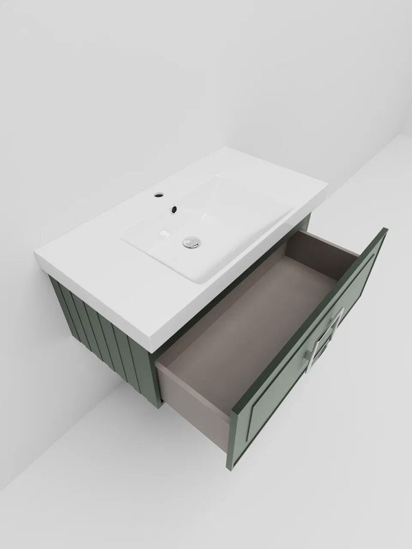 Мебель для ванной комнаты La Fenice Cubo 80 подвесная, серая, ручка хром, столешница белый мрамор, раковина матовая белая