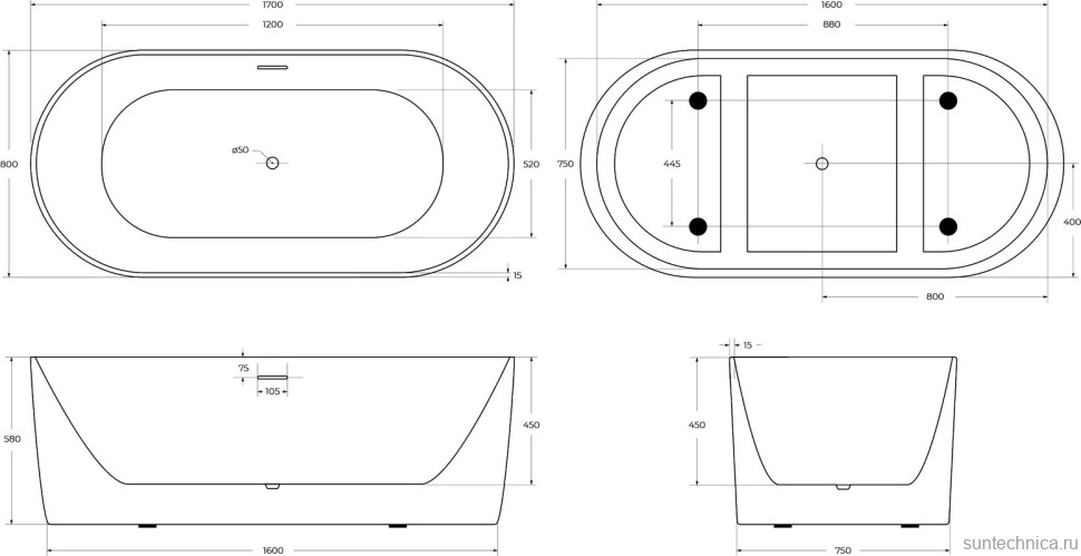 Акриловая ванна BelBagno BB411 170x80 см, отдельностоящая, белая матовая, овальная, со сливом-переливом, с донным клапаном, фурнитура белая