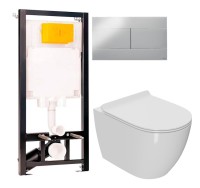 Комплект Унитаз подвесной Bauedge Bau Ceramics безободковый, с микролифтом, белый + Инсталляция OLI 80 ECO Sanitarblock mechanic 3 в 1 с кнопкой смыва