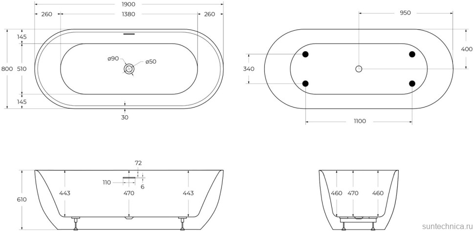 Акриловая ванна BelBagno BB417-1900-800 190x80 см, отдельностоящая, белая, овальная, вклеенный каркас, со сливом-переливом, с донным клапаном