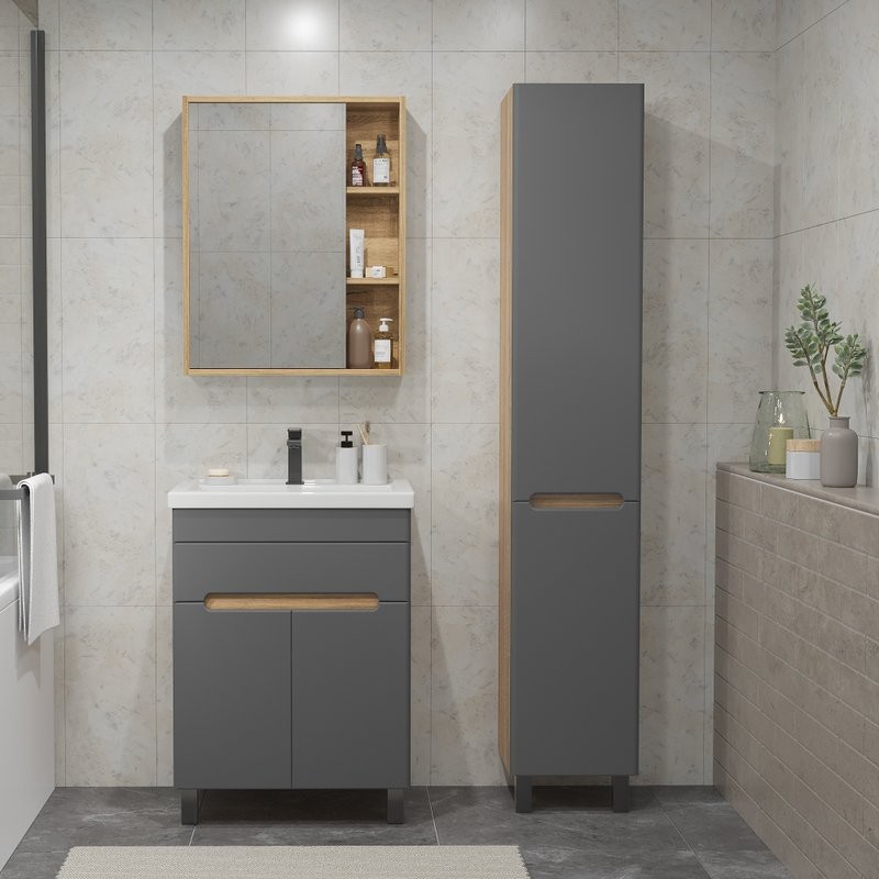 Тумба под раковину без столешницы SanStar Модена 60 напольная, графит софт, дуб вотан