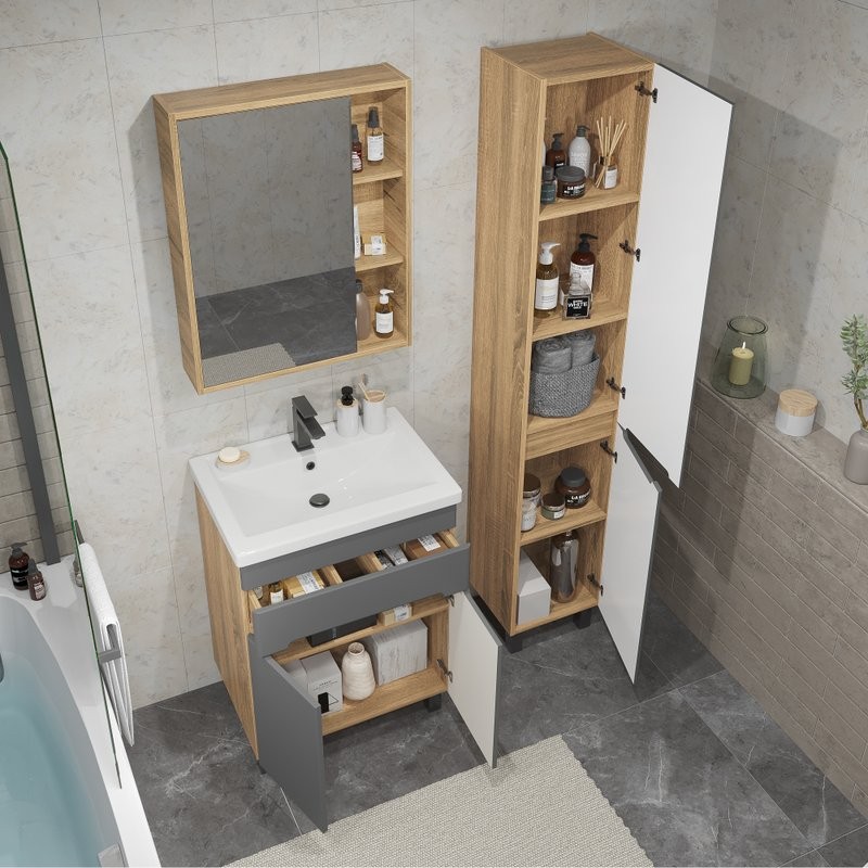 Тумба под раковину без столешницы SanStar Модена 60 напольная, графит софт, дуб вотан