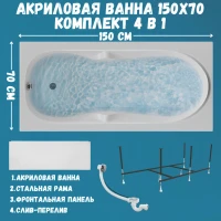Акриловая ванна 1MarKa Vita Премиум 150x70 см, пристенная, белая, с каркасом, с экраном, со сливом-переливом