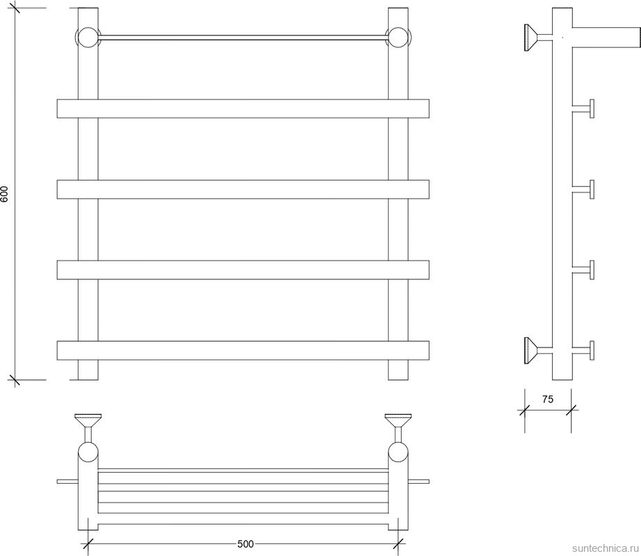 Полотенцесушитель водяной Secado Понтида 1 СП 60x60 см, матовый черный, лесенка, с полкой