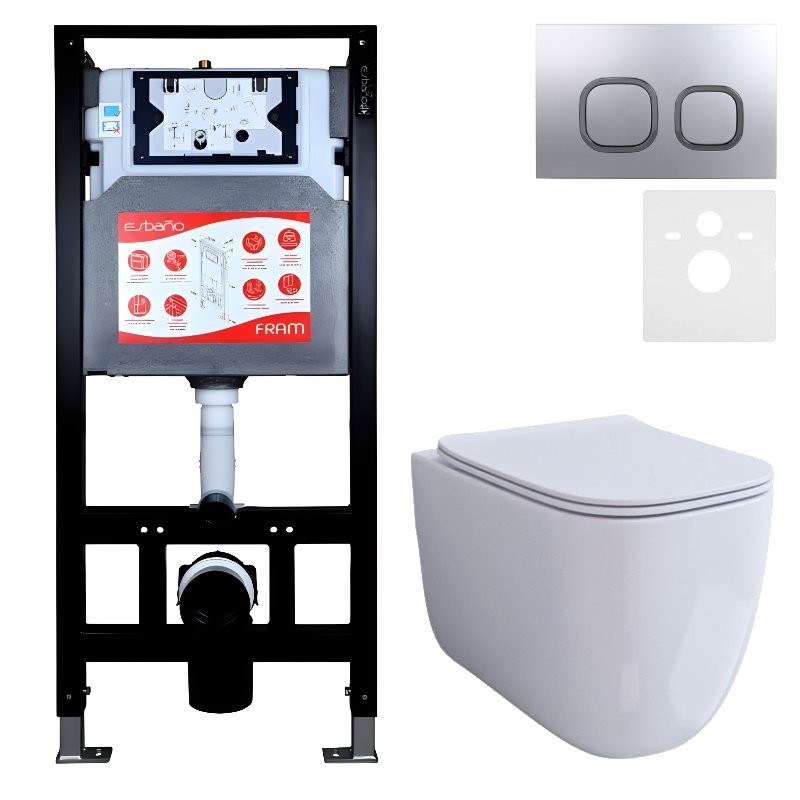 Комплект 3 в 1 Унитаз подвесной Esbano ESUPGARAW + Инсталляция Fram + Кнопка ESINLPS10MC цвет матовый хром