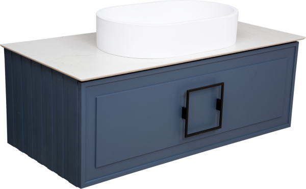 Тумба с раковиной La Fenice Cubo 100 подвесная, blu grigio, ручка черная, столешница белый мрамор, раковина матовая белая