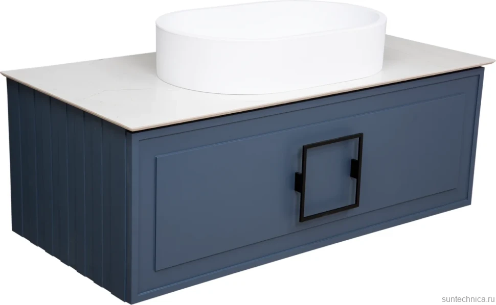 Тумба с раковиной La Fenice Cubo 100 подвесная, blu grigio, ручка черная, столешница белый мрамор, раковина матовая белая