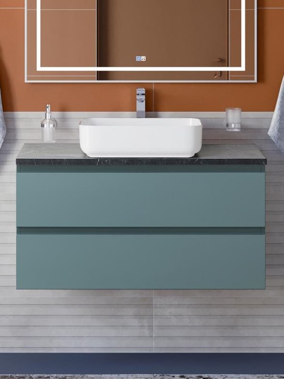 Тумба с раковиной BelBagno Kraft 100 подвесная, матовая голубая, столешница kep-100-mno, раковина BB1304