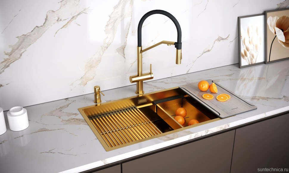 Смеситель для кухни Paulmark Zender Ze213155-BG с гибким изливом, брашированное золото