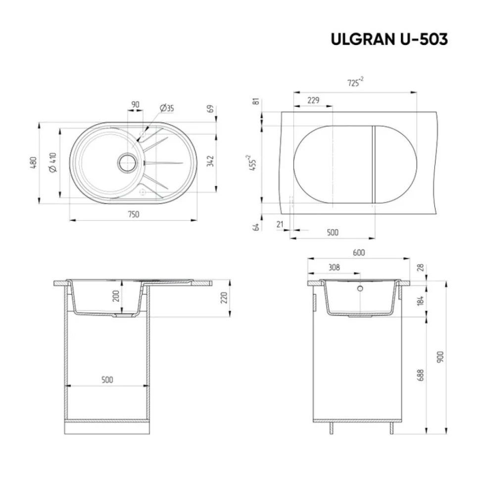 Мойка кухонная Ulgran U-503 -310 серая