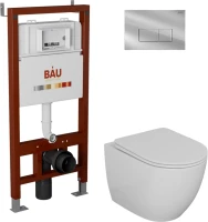 Комплект Унитаз подвесной Bauedge Bau Dream безободковый, с микролифтом + Инсталляция Bau Pro + Кнопка Hotel, хром