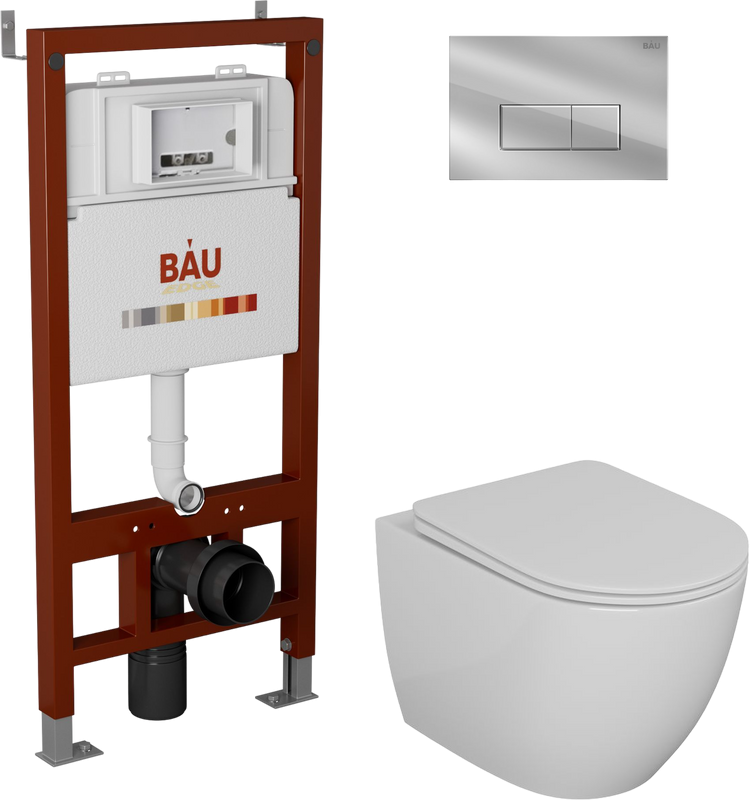 Комплект Унитаз подвесной Bauedge Bau Dream безободковый, с микролифтом + Инсталляция Bau Pro + Кнопка Hotel, хром