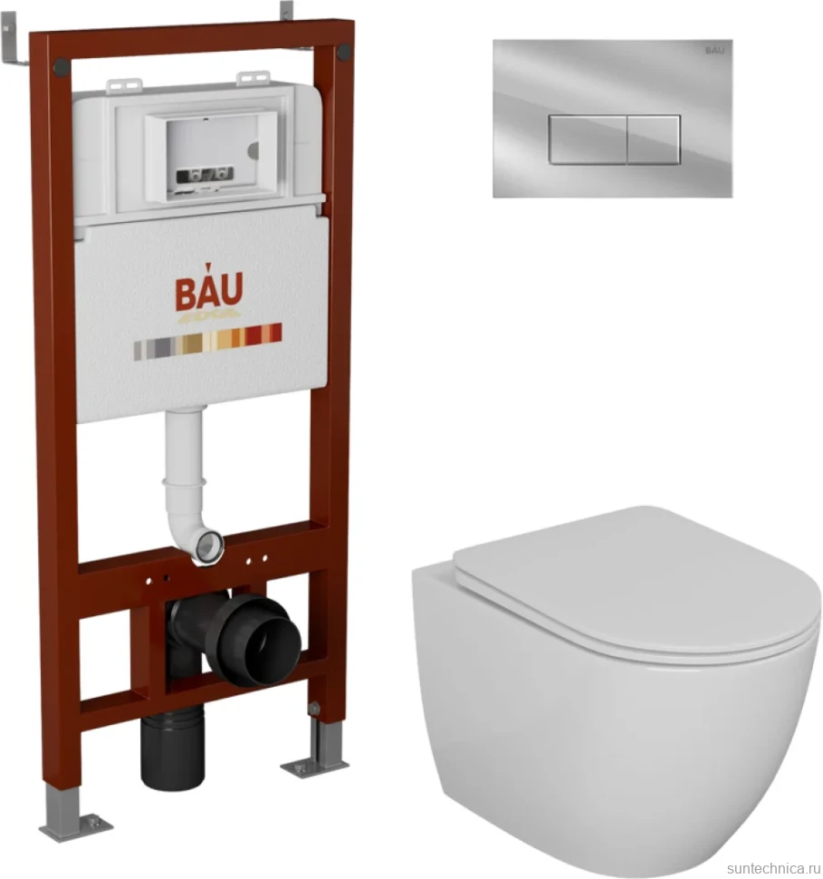 Комплект Унитаз подвесной Bauedge Bau Dream безободковый, с микролифтом + Инсталляция Bau Pro + Кнопка Hotel, хром