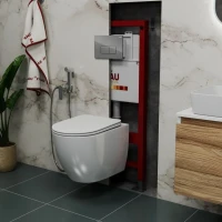 Комплект Унитаз подвесной Bauedge Bau Dream безободковый, с микролифтом + Инсталляция Bau Pro + Кнопка Hotel, хром
