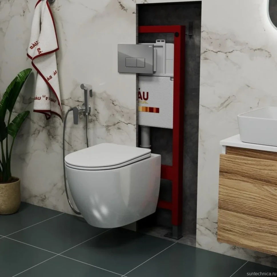 Комплект Унитаз подвесной Bauedge Bau Dream безободковый, с микролифтом + Инсталляция Bau Pro + Кнопка Hotel, хром