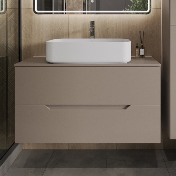 Тумба с раковиной Orange Line 100 подвесная, 2 ящика, матовый латте с раковиной B07-600W