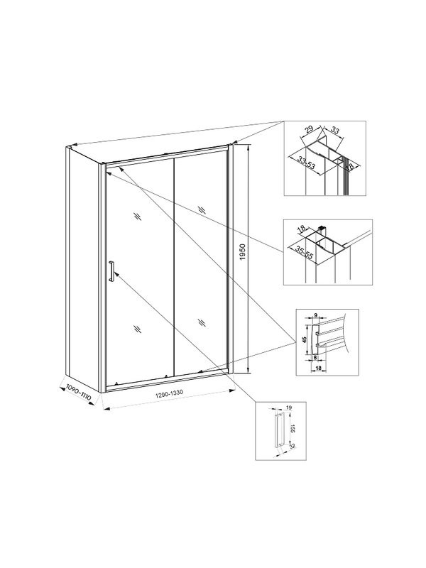 Душевой уголок Veconi Rovigo RV-046 130x110x195, профиль матовый хром, стекло прозрачное