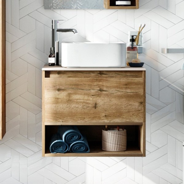 Тумба под раковину со столешницей STWORKI Карлстад 60 дуб рустикальный, роверелла, с отверстием для смесителя