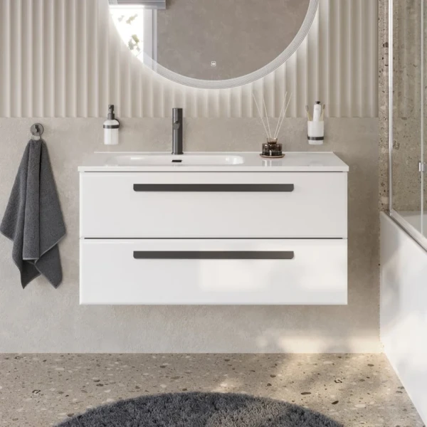 Тумба с раковиной Cezares Eco Cer-N 100 L bianco lucido, раковина Duet 100 L, ручки матовые черные