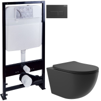 Комплект Унитаз подвесной Aqueduto Ovo OVO0140 безободковый, с микролифтом, черный матовый + Инсталляция EWRIKA ProLT 0026-2020 + Кнопка 0044 черная матовая