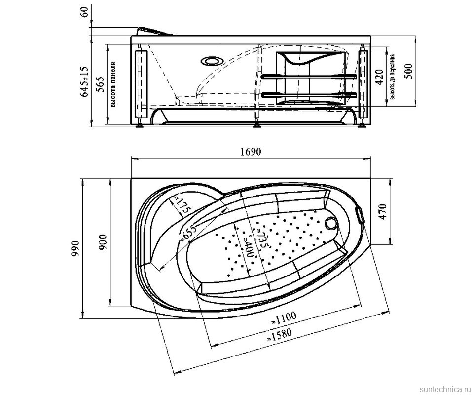 Акриловая ванна Radomir София Стандарт 170x100 см, угловая, правая, пристенная, с гидромассажем, белая, асимметричная, с каркасом, с экраном, с сиденьем, со сливом-переливом