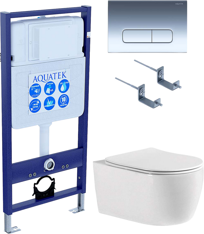 Комплект Унитаз подвесной AQUATEK Европа New AQ1106-00 безободковый, с микролифтом + Инсталляция Standard INS-0000012 + Комплект креплений KKI-0000002 + Кнопка KDI-0000016 глянцевый хром