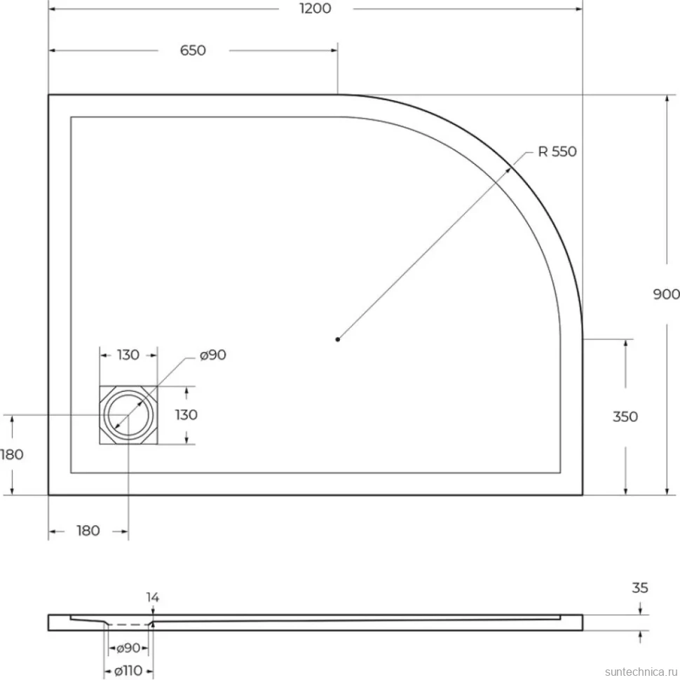 Поддон для душа BelBagno Uno RH R 120х90, белый, с сифоном
