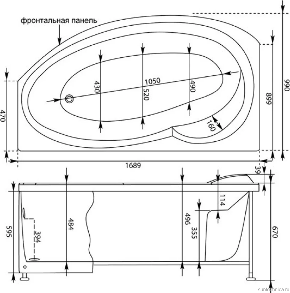 Акриловая ванна Aquanet Jersey 00205405 L 170x100 см, угловая, левая, пристенная, белая, асимметричная, с каркасом