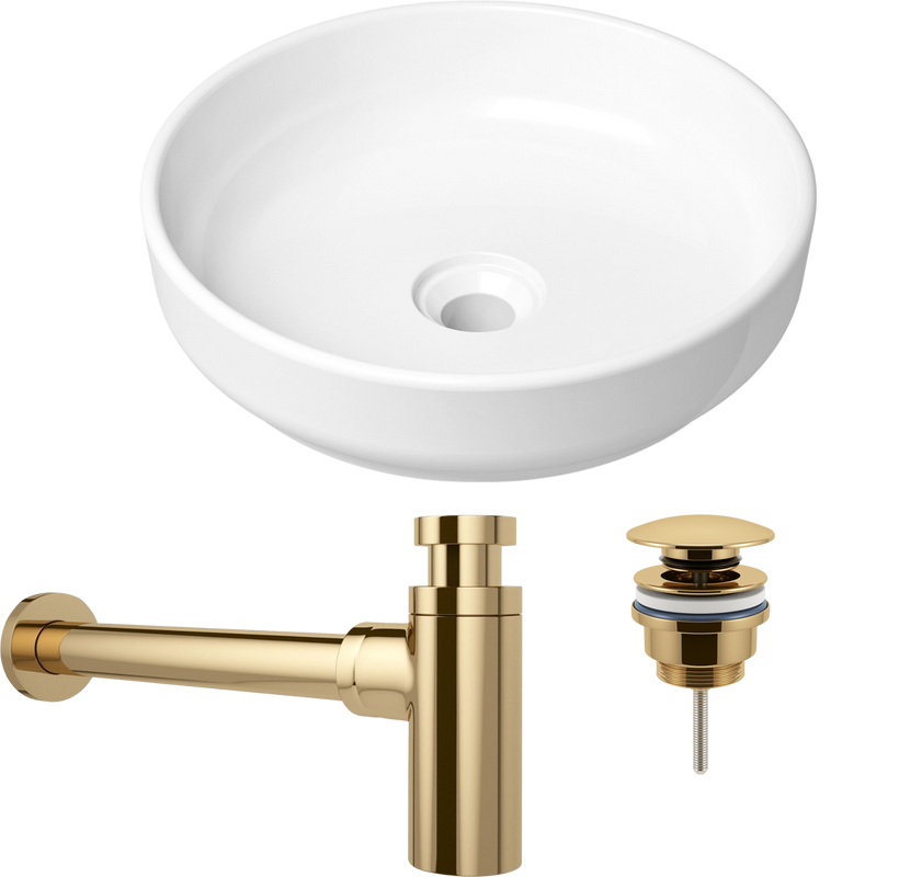 Комплект Накладная раковина Lavinia Boho Bathroom Sink Slim 33311005 + Донный клапан Wellsee Drainage System 182141000 золото + Сифон 182106000 золото