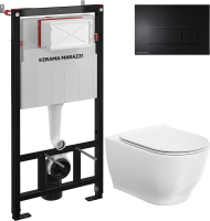 Комплект Унитаз подвесной KERAMA MARAZZI Modula MO.wc.02 безободковый, с микролифтом, глянцевый белый + Инсталляция + Кнопка FPS.A.BLK.M черный мат