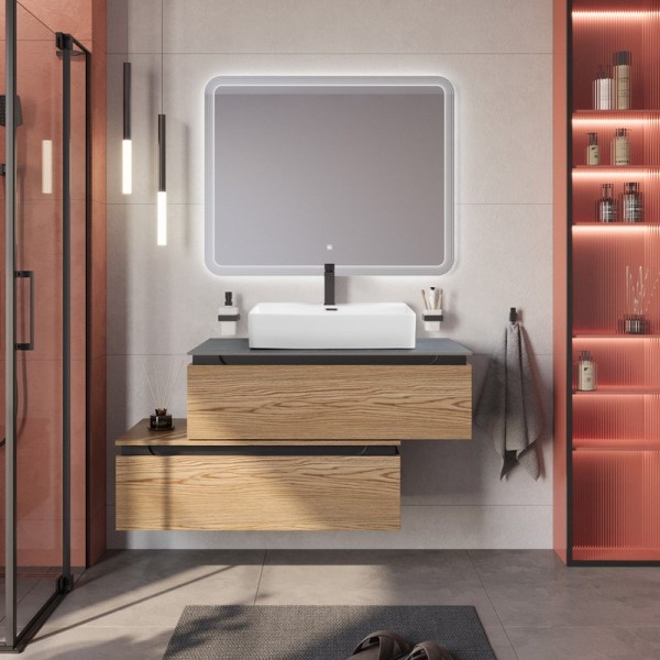 Мебель для ванной комнаты Cezares Slider 100 подвесная, 2 ящика, дуб тангент, со столешницей marmo nero opaco