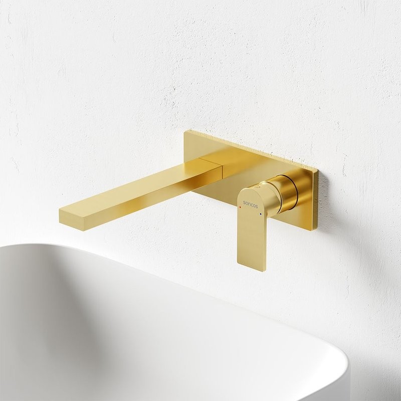 Смеситель для раковины Sancos Studio, брашированное золото, PVD покрытие, SC9017BG