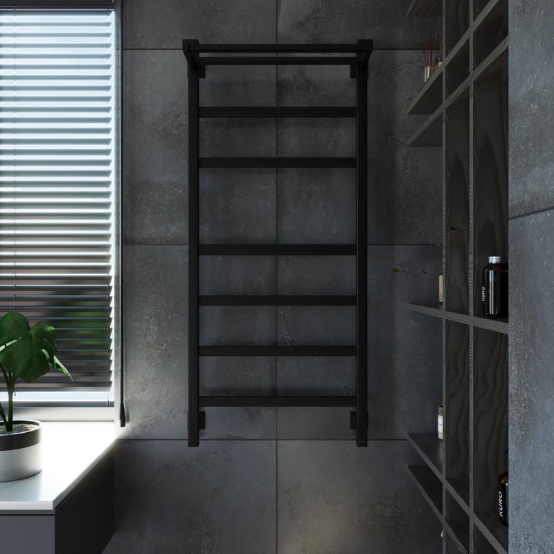 Полотенцесушитель электрический Grota Tela 530х1200 RAL9005 EL 120x55 см, подключение справа, слева, скрытое подключение справа, матовый черный, лесенка, из стали, с полкой