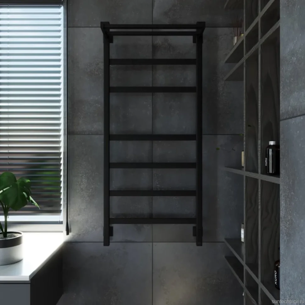 Полотенцесушитель электрический Grota Tela 530х1200 RAL9005 EL 120x55 см, подключение справа, слева, скрытое подключение справа, матовый черный, лесенка, из стали, с полкой