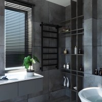 Полотенцесушитель электрический Grota Tela 530х1200 RAL9005 EL 120x55 см, подключение справа, слева, скрытое подключение справа, матовый черный, лесенка, из стали, с полкой