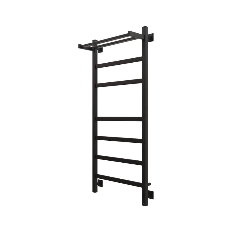 Полотенцесушитель электрический Grota Tela 530х1200 RAL9005 EL 120x55 см, подключение справа, слева, скрытое подключение справа, матовый черный, лесенка, из стали, с полкой