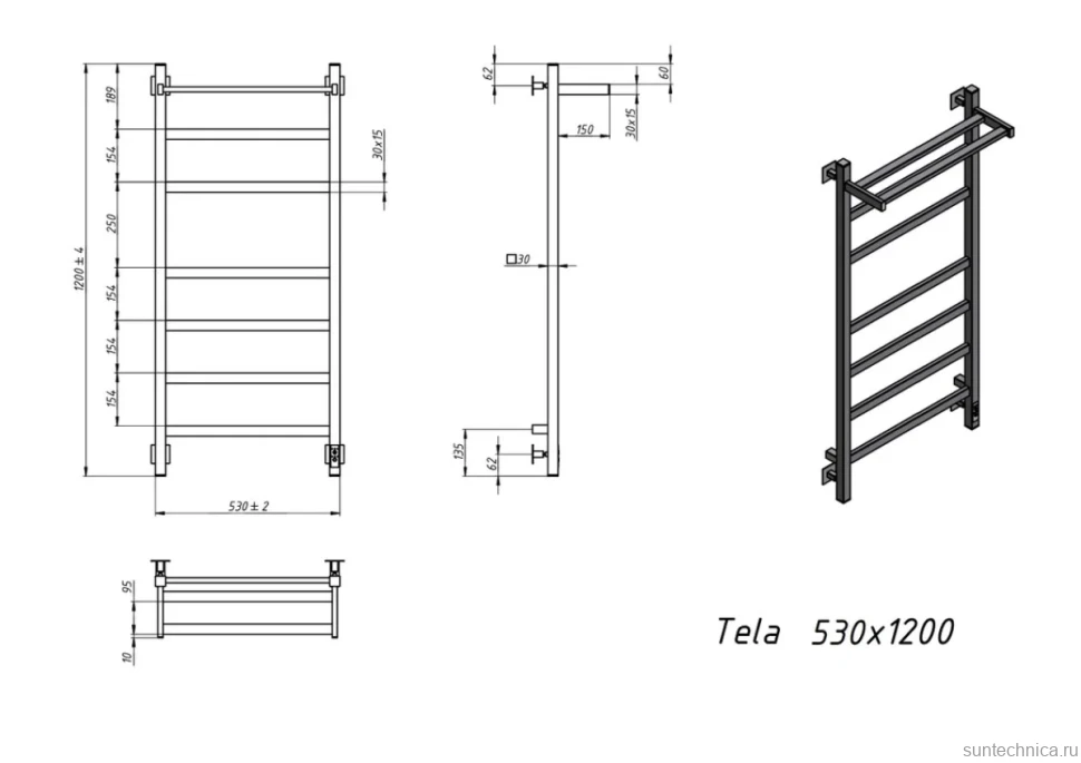 Полотенцесушитель электрический Grota Tela 530х1200 RAL9005 EL 120x55 см, подключение справа, слева, скрытое подключение справа, матовый черный, лесенка, из стали, с полкой