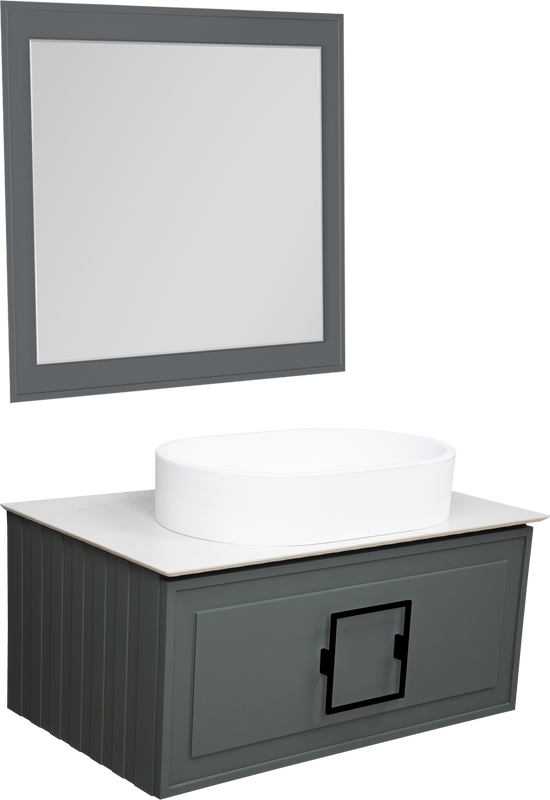 Мебель для ванной комнаты La Fenice Cubo 80 подвесная, серая, ручка черная, столешница белый мрамор, раковина матовая белая