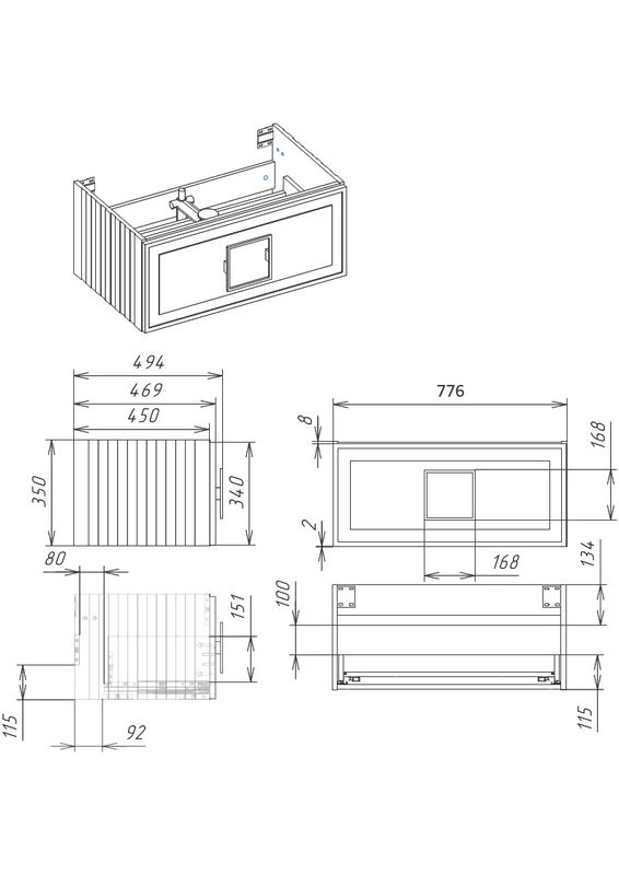 Мебель для ванной комнаты La Fenice Cubo 80 подвесная, серая, ручка черная, столешница белый мрамор, раковина матовая белая