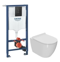 Комплект Унитаз подвесной Bauedge Bau Ceramics безободковый, с микролифтом, белый + Инсталляция Grohe Rapid SL 1000044 3 в 1 с панелью смыва