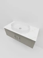 Тумба под раковину со столешницей La Fenice Cubo 100 подвесная, бежевая матовая, столешница белый мрамор, ручка белая