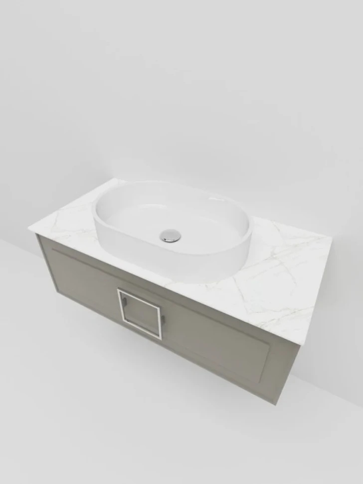 Тумба под раковину со столешницей La Fenice Cubo 100 подвесная, бежевая матовая, столешница белый мрамор, ручка белая