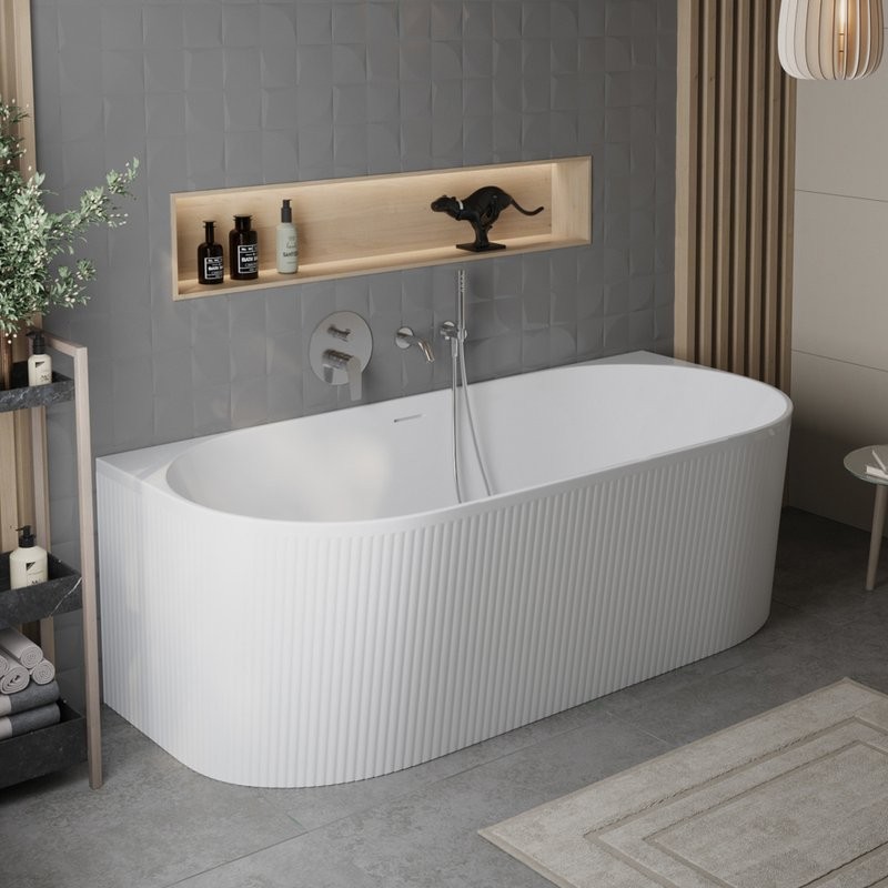 Акриловая ванна BelBagno BB412 170x80 см, пристенная, белая матовая, овальная, со сливом-переливом, с донным клапаном, фурнитура белая
