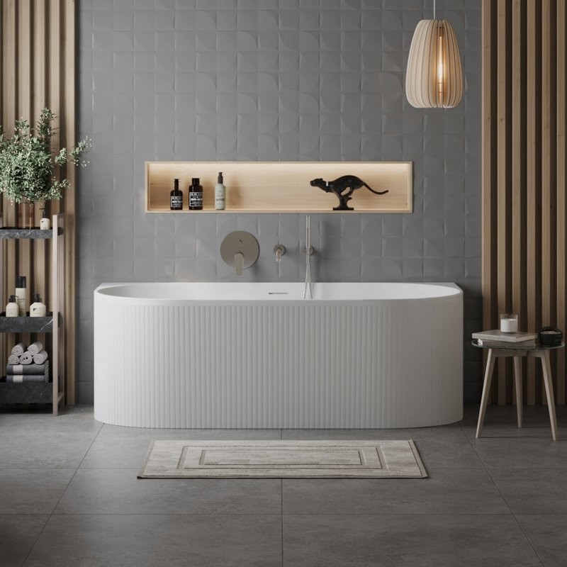 Акриловая ванна BelBagno BB412 170x80 см, пристенная, белая матовая, овальная, со сливом-переливом, с донным клапаном, фурнитура белая