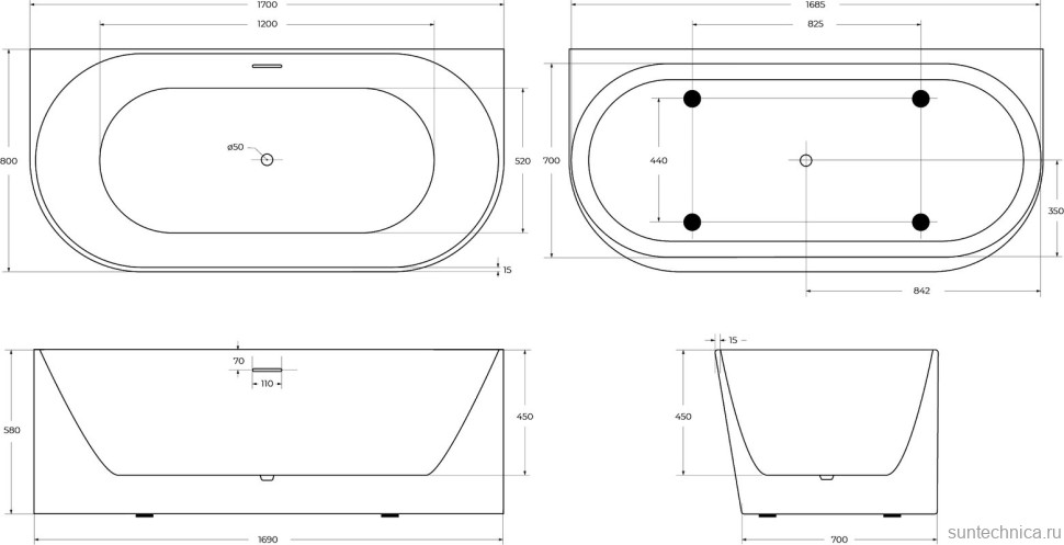 Акриловая ванна BelBagno BB412 170x80 см, пристенная, белая матовая, овальная, со сливом-переливом, с донным клапаном, фурнитура белая