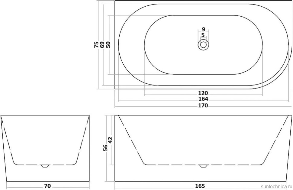 Акриловая ванна Ceruttispa Ami 10090 L 170x75 см, угловая, левая, пристенная, белая, асимметричная, с каркасом, со сливом-переливом, с донным клапаном