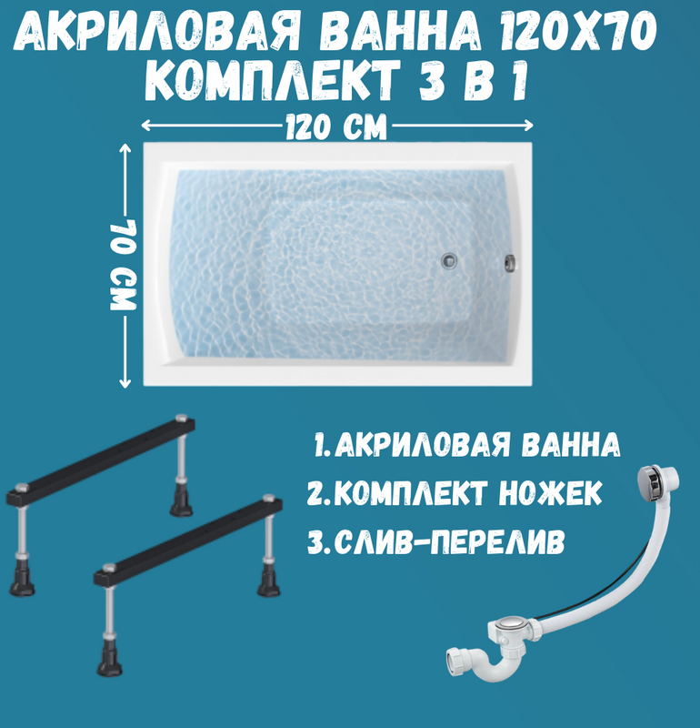 Акриловая ванна 1MarKa Modern Стандарт 1 120x70 см, пристенная, белая, со сливом-переливом