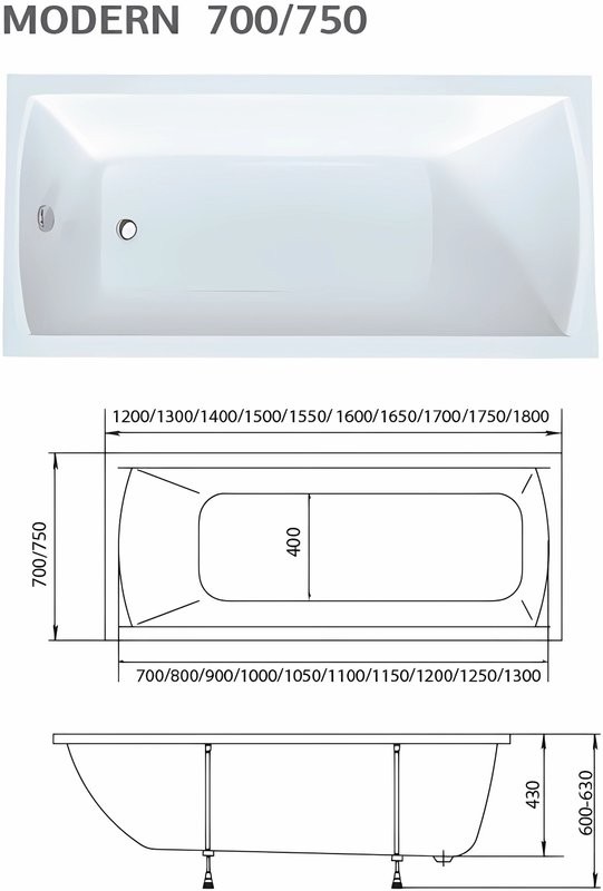 Акриловая ванна 1MarKa Modern Стандарт 1 120x70 см, пристенная, белая, со сливом-переливом