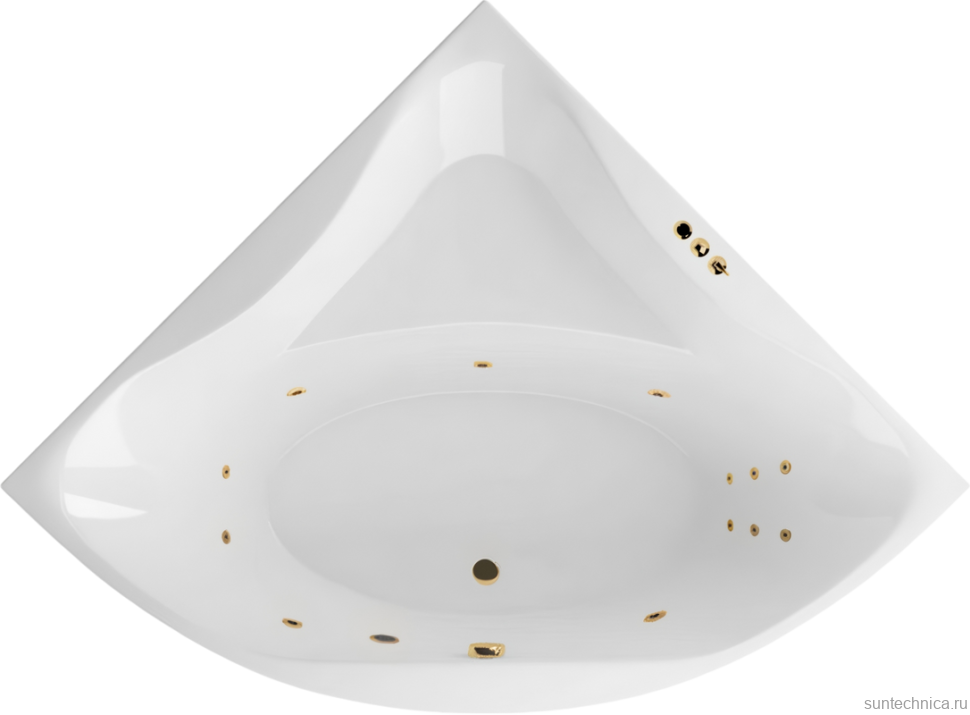 Акриловая ванна Excellent Glamour Smart 150x150 см, угловая, встраиваемая, с гидромассажем, белая, четверть круга, с каркасом, с сиденьем, со сливом-переливом, фурнитура золото